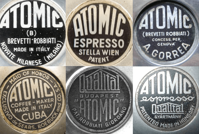 Licenc plakettek különféle Atomic kávéfőzőkről