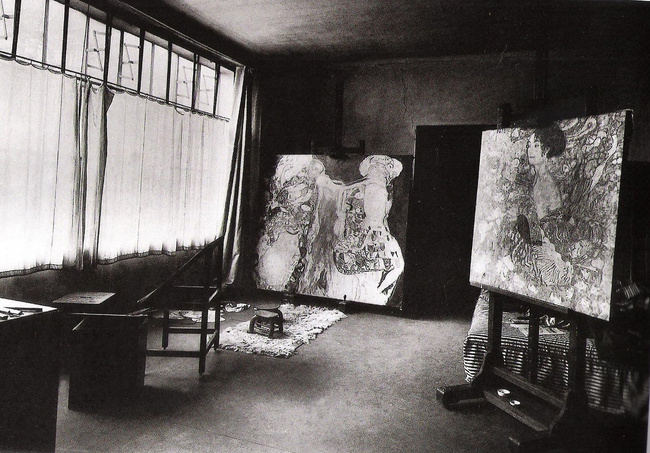 Gustav Klimt’s studio in Vienna with the last paintings he was working on