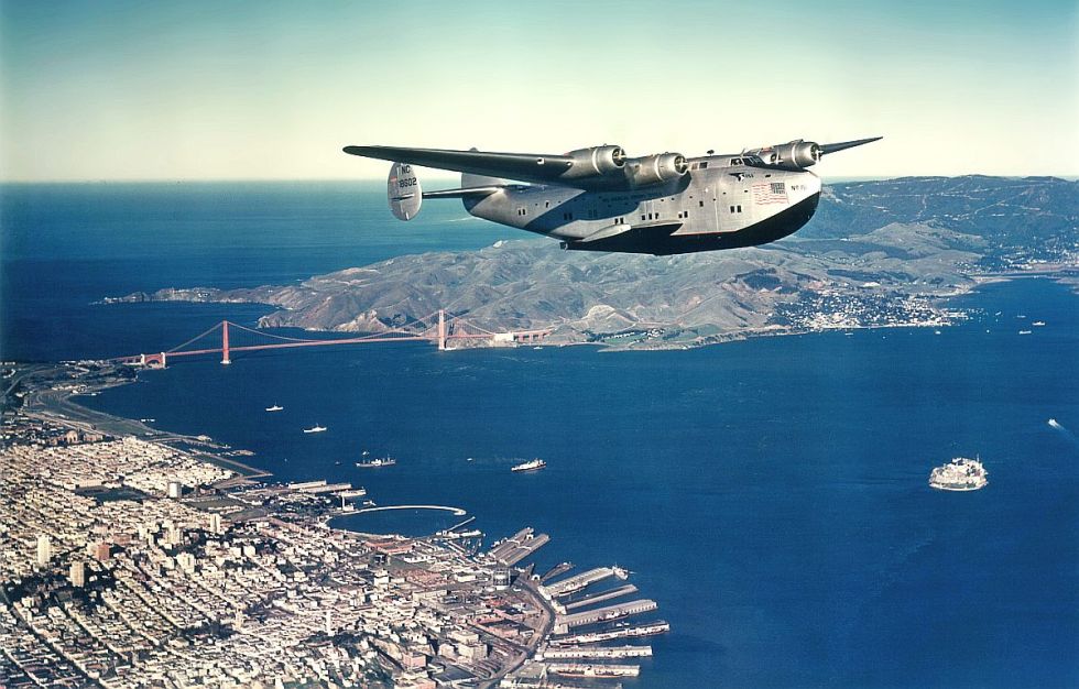 A Boeing 314 Clipper flying over San Francisco (1940)
